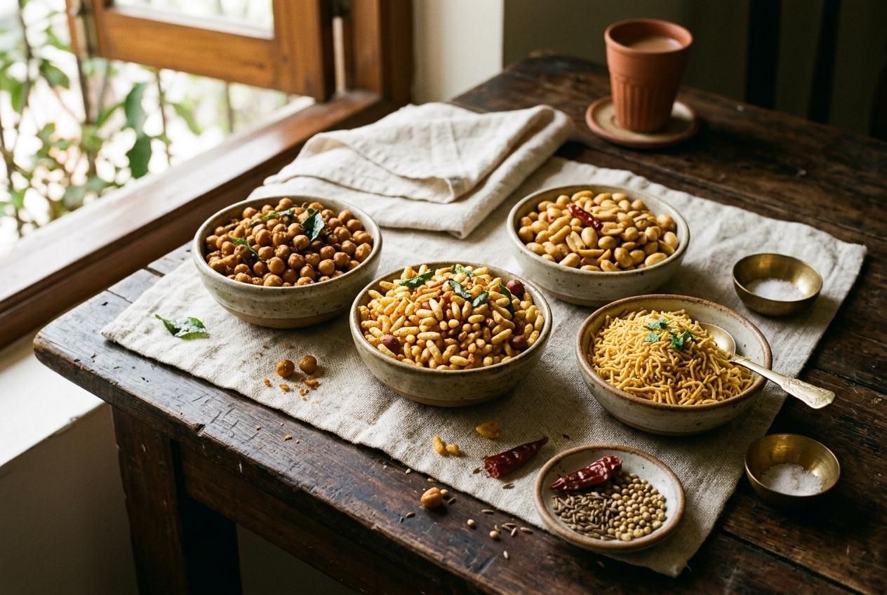 Assortment of Indian roasted snacks — roasted chana, peanuts, bhuja mixture and sev — served in ceramic bowls