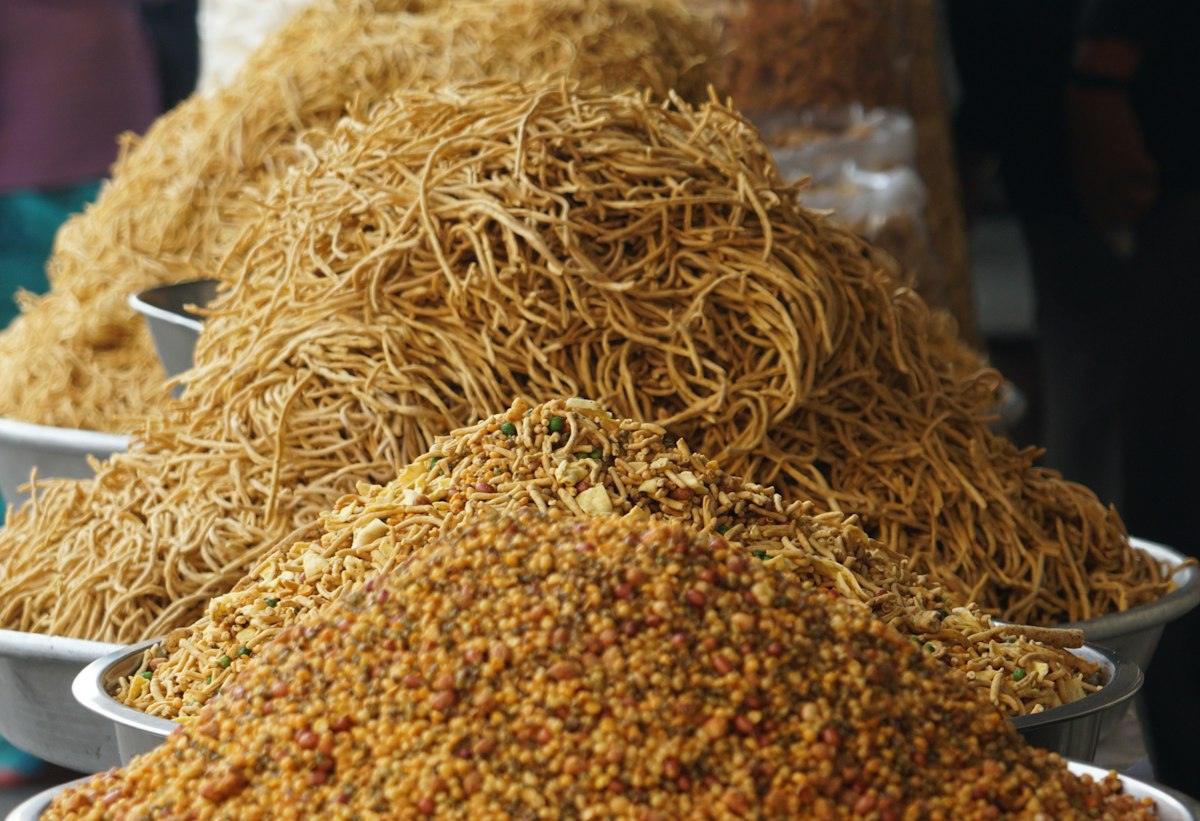 Bowls of Indian namkeen and snacks